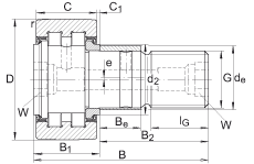 INA螺栓型滾輪 PWKRE72-2RS, 軸向引導(dǎo)，滿裝圓柱滾子，帶偏心擋圈，兩側(cè)唇密封
